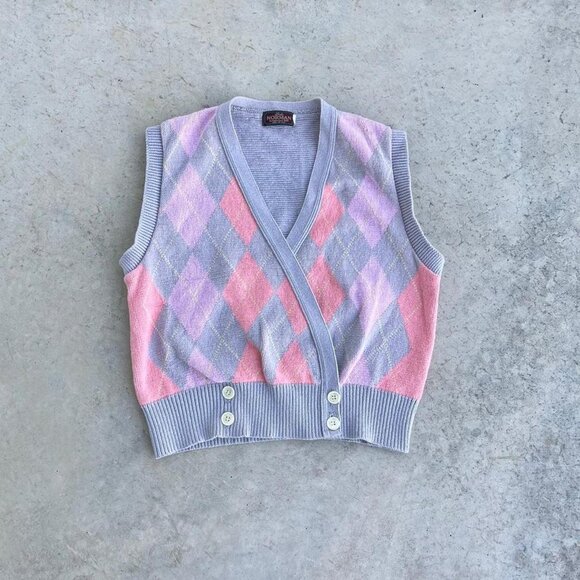 Vintage 80s 90s Sweater Vest Made in USA Argyle Print Vest Women's Large - Picture 1 of 7